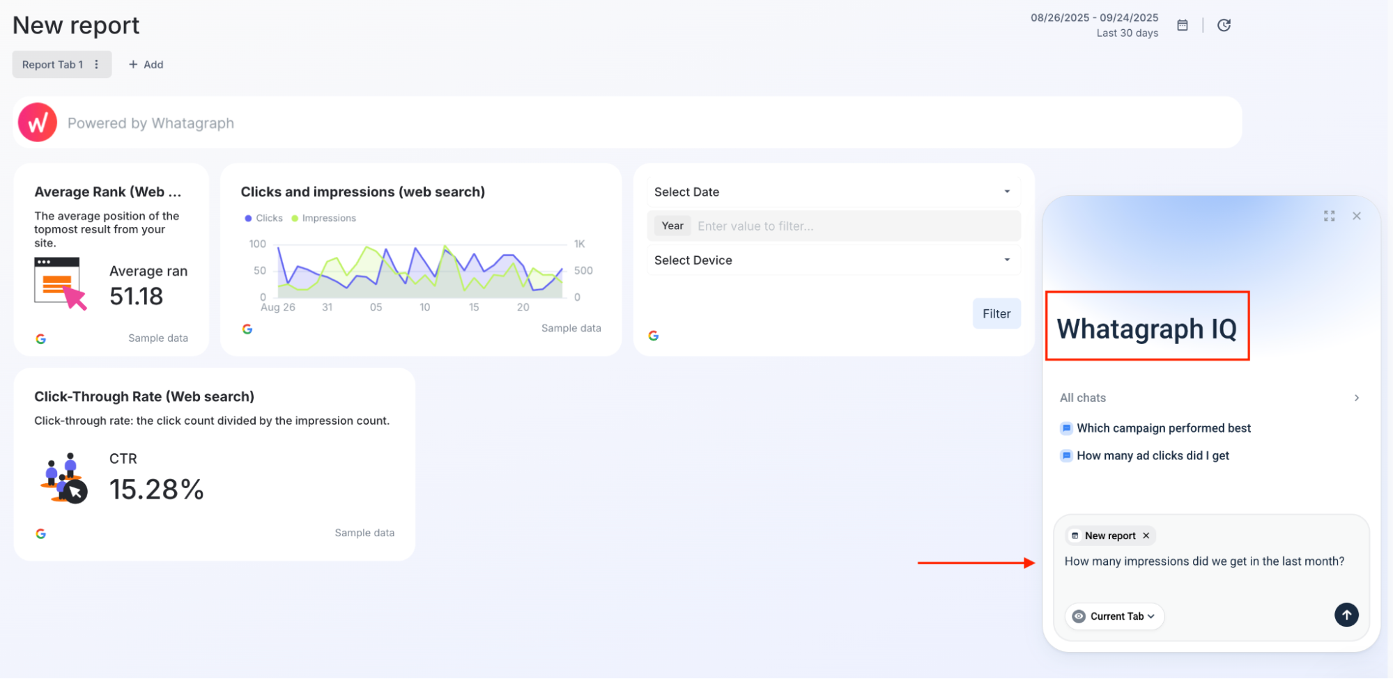Whatagraph IQ Chat - AI assistant showing conversation history and input field.