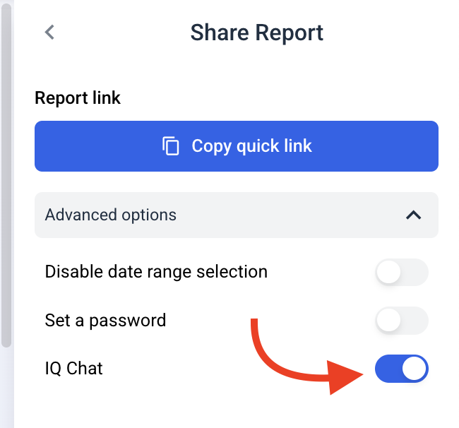 Whatagraph IQ Chat - A share report settings interface showing 