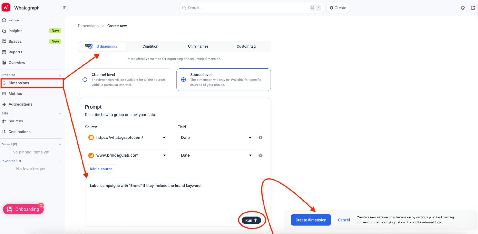 Whatagraph IQ Dimensions - Screenshot of Whatagraph's create dimension interface, with dimensions selected in the sidebar.