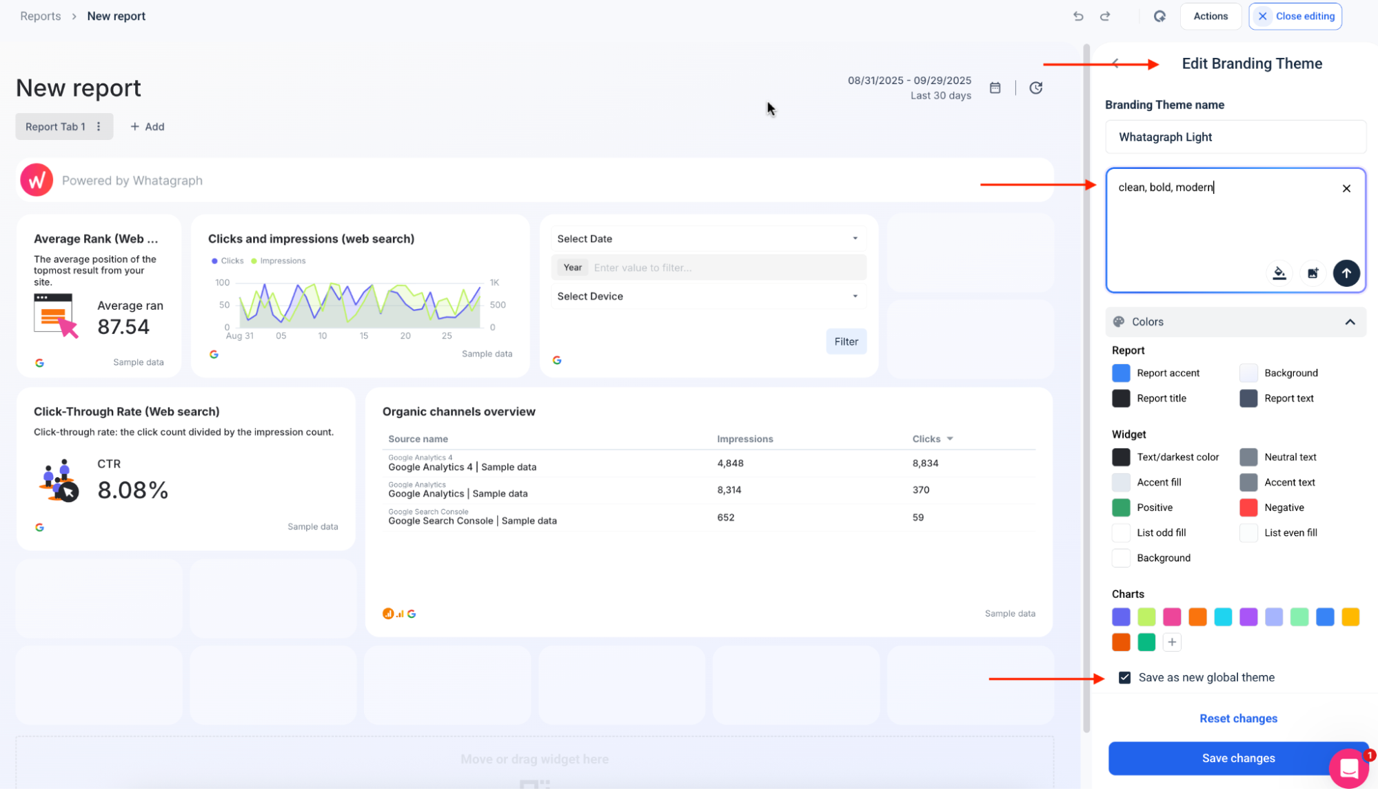 Whatagraph IQ reports builder - A report builder interface showing report data and theme customization options.