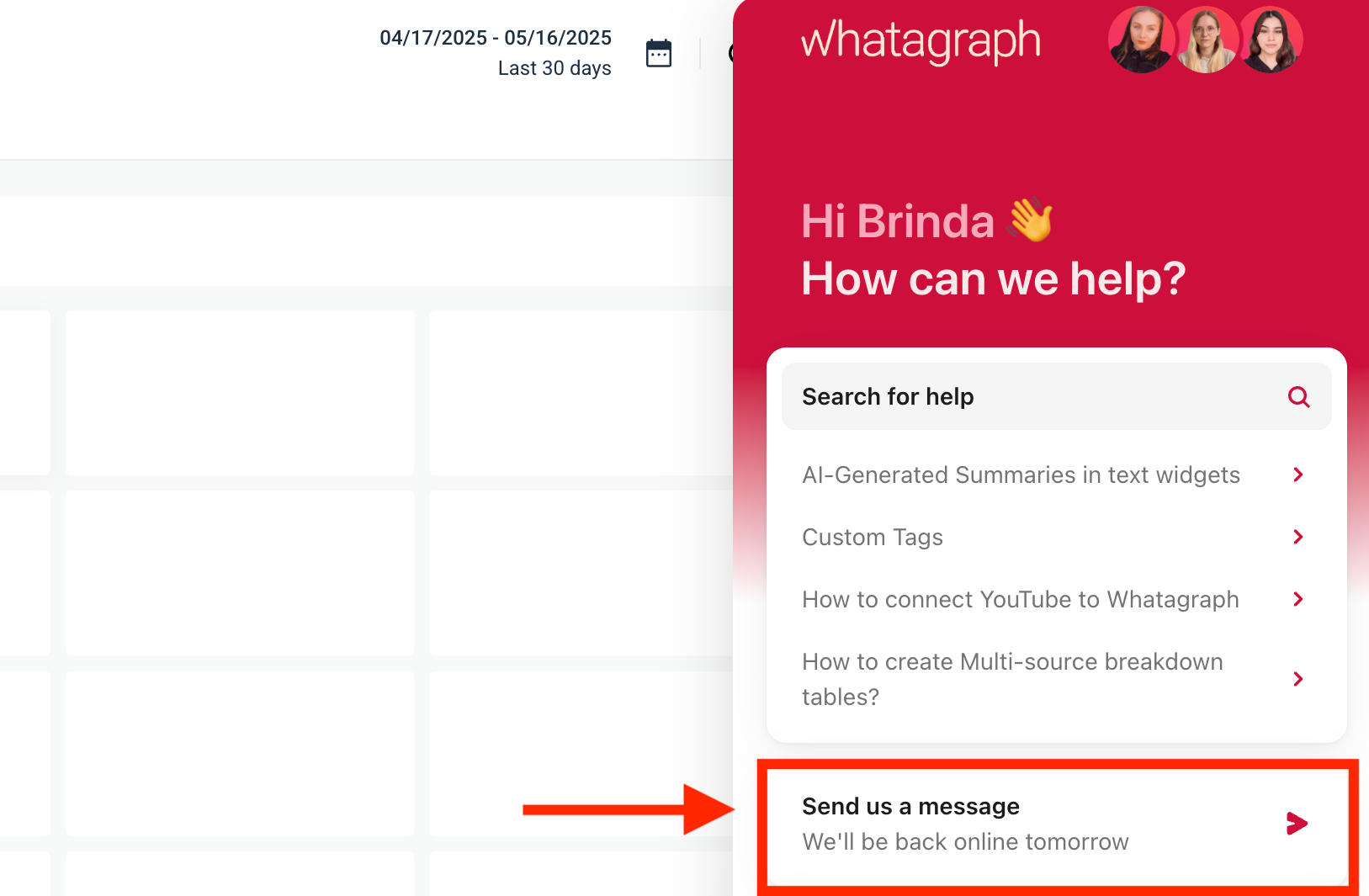 Whatagraph Live Chat - Whatagraph live chat help panel in a red interface.