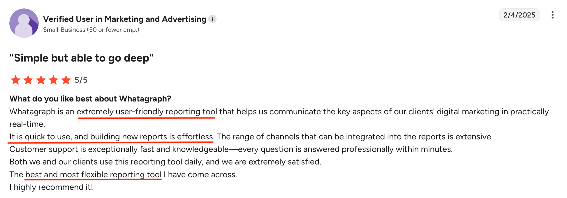 Whatagraph Positive Review - Customer review with five star rating and text.