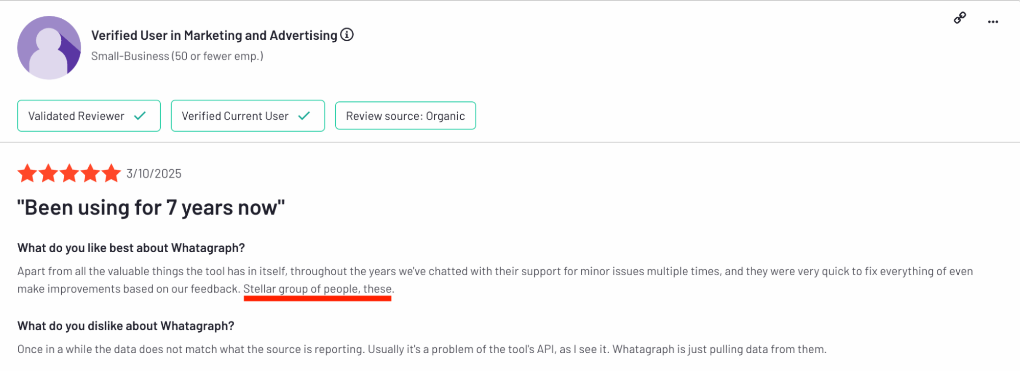 Whatagraph Positive Review - A customer review with 4-star rating and positive feedback about support.