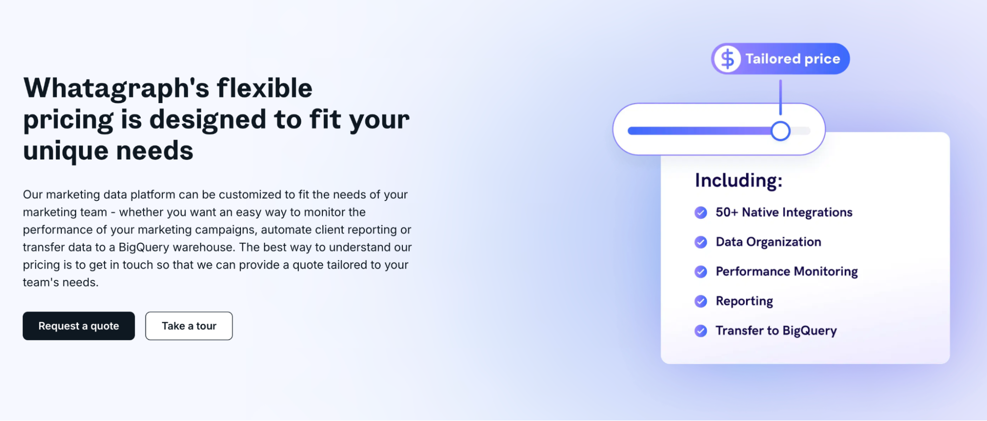 Whatagraph Pricing - Website layout with text, slider, and pricing features.