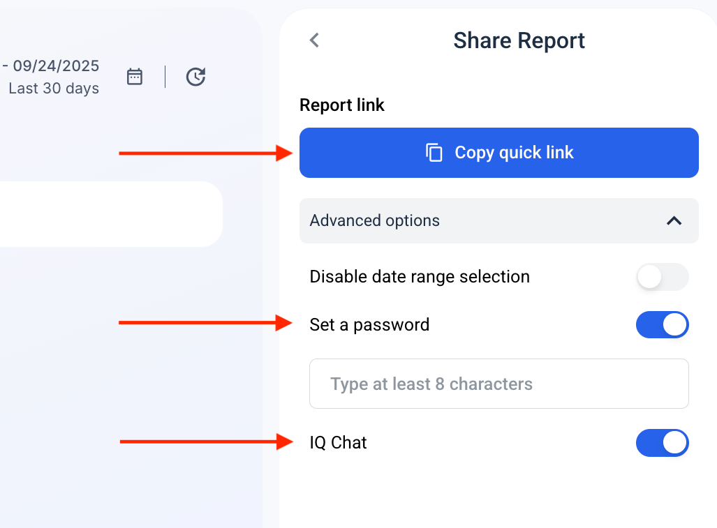 Whatagraph Share Report Settings - Share report interface with options to copy link and set password.