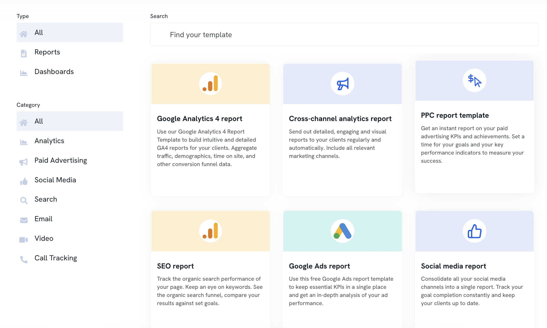 Whatagraph Templates - A dashboard with template options like Google Analytics and PPC reports.