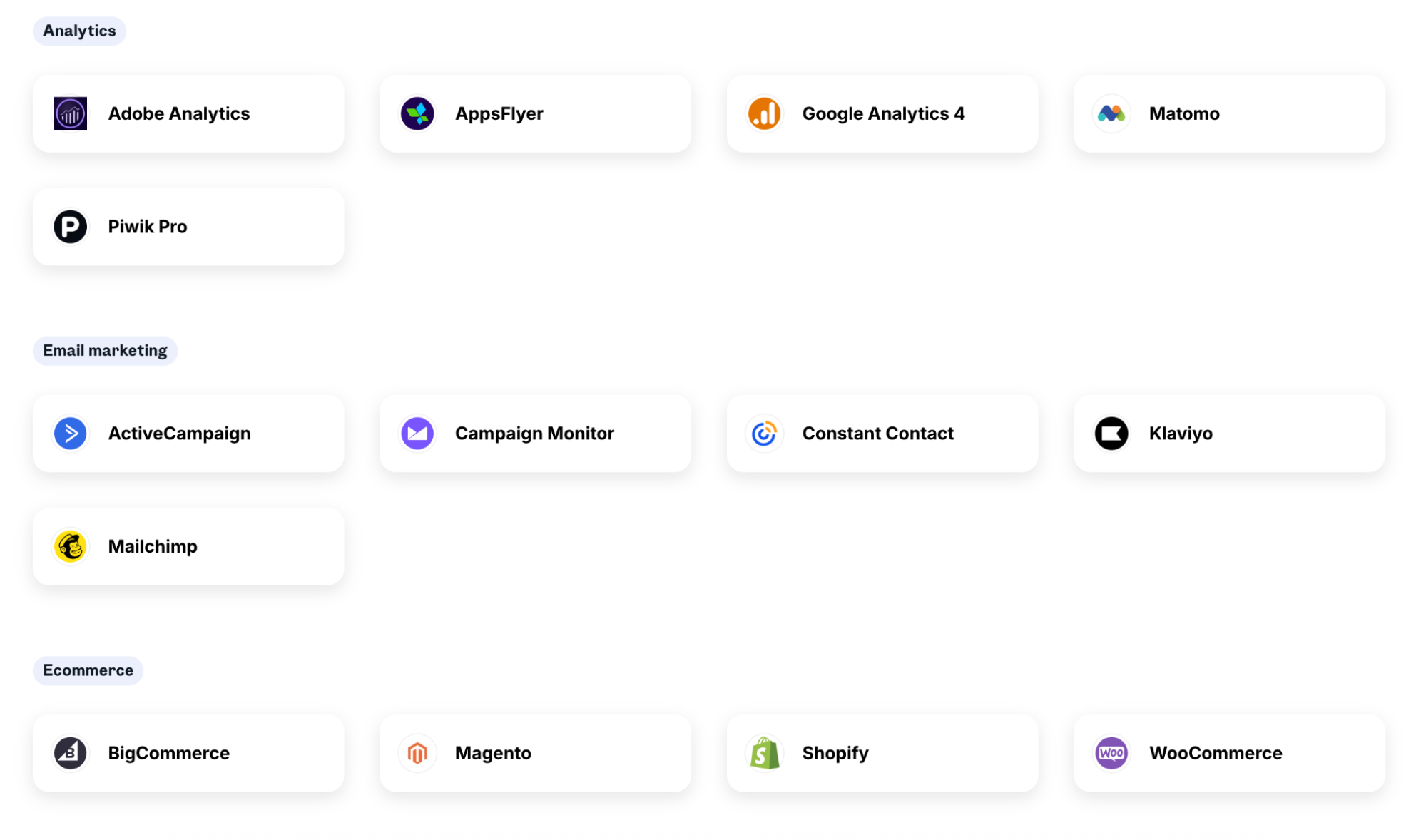 Whatagraph Unified Dashboard - A collection of app icons and names, organized by category.