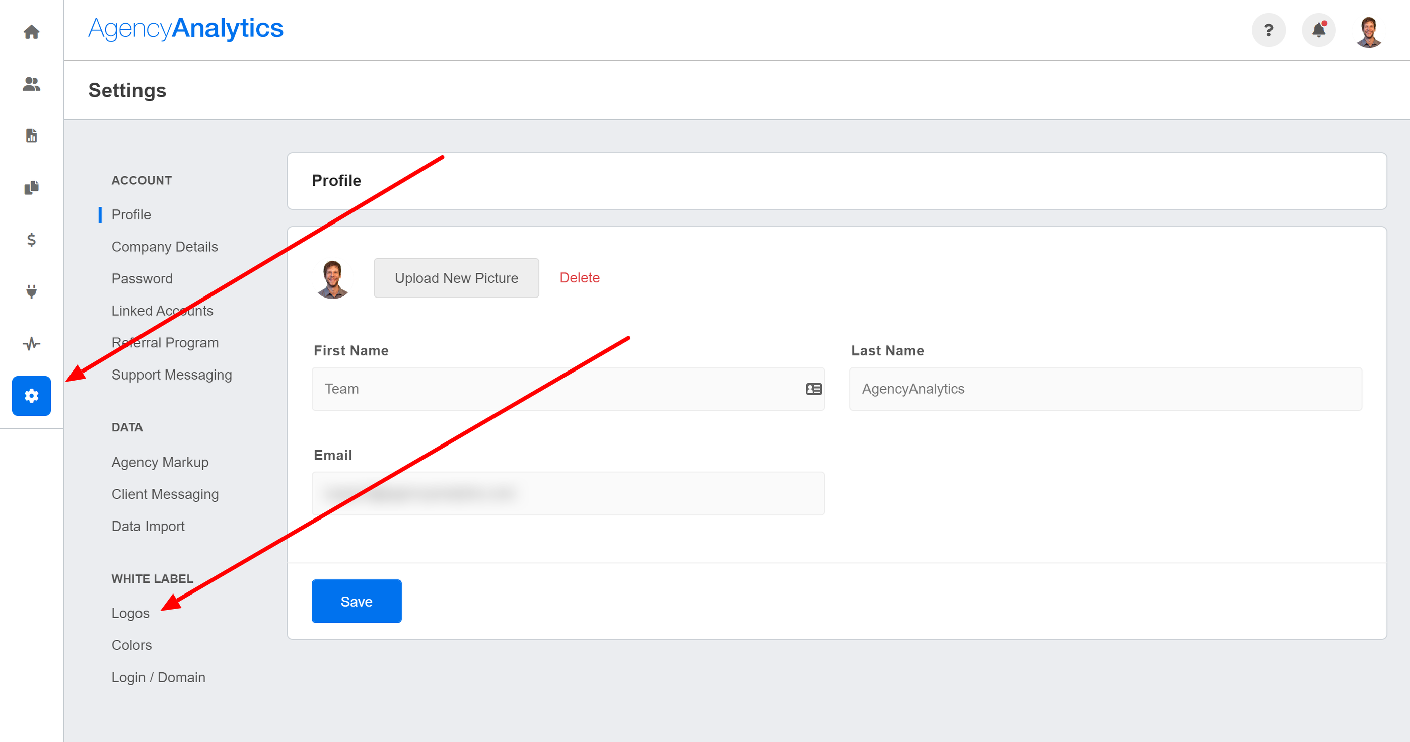 Whitelabel Settings - Settings screen showing user profile and branding options.