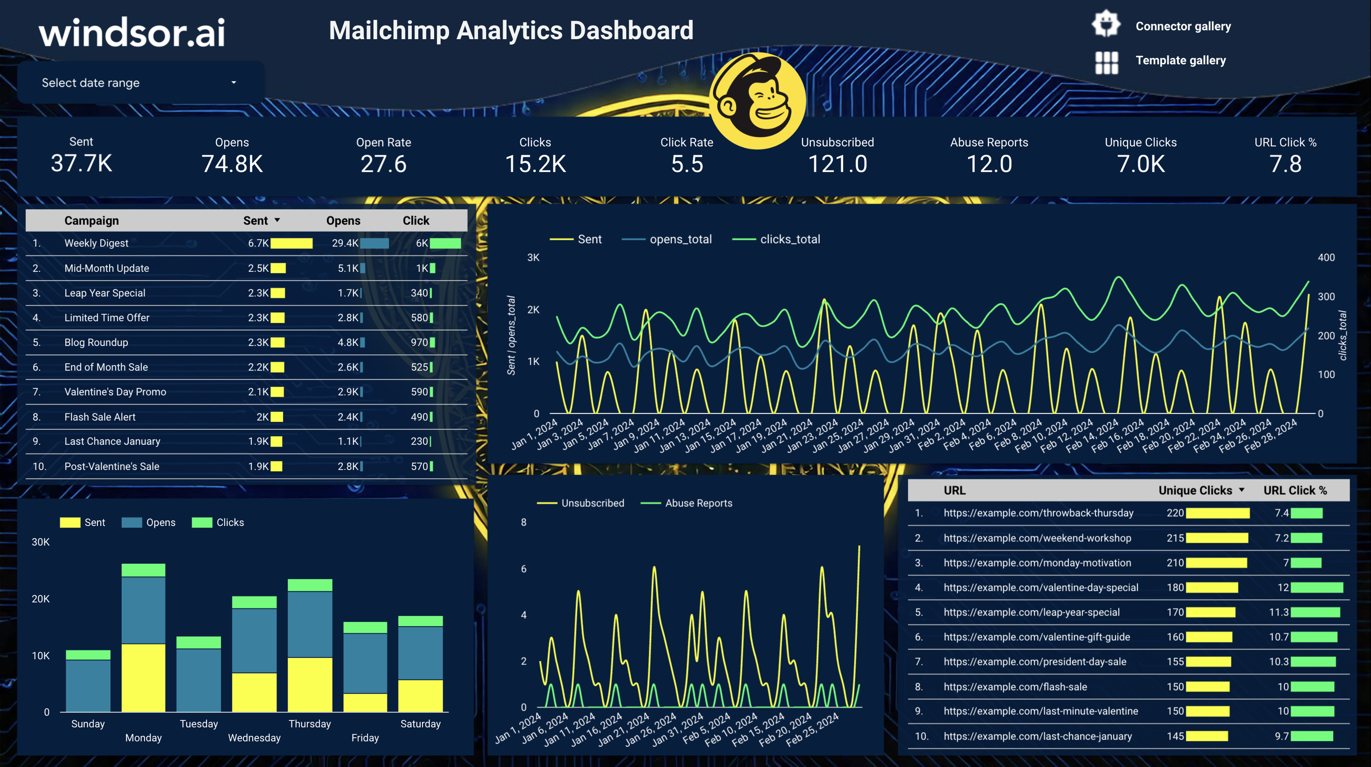 Windsor Ai Mailchimp Analytics Dashboard - Dashboard with charts showing email campaign data and performance metrics.