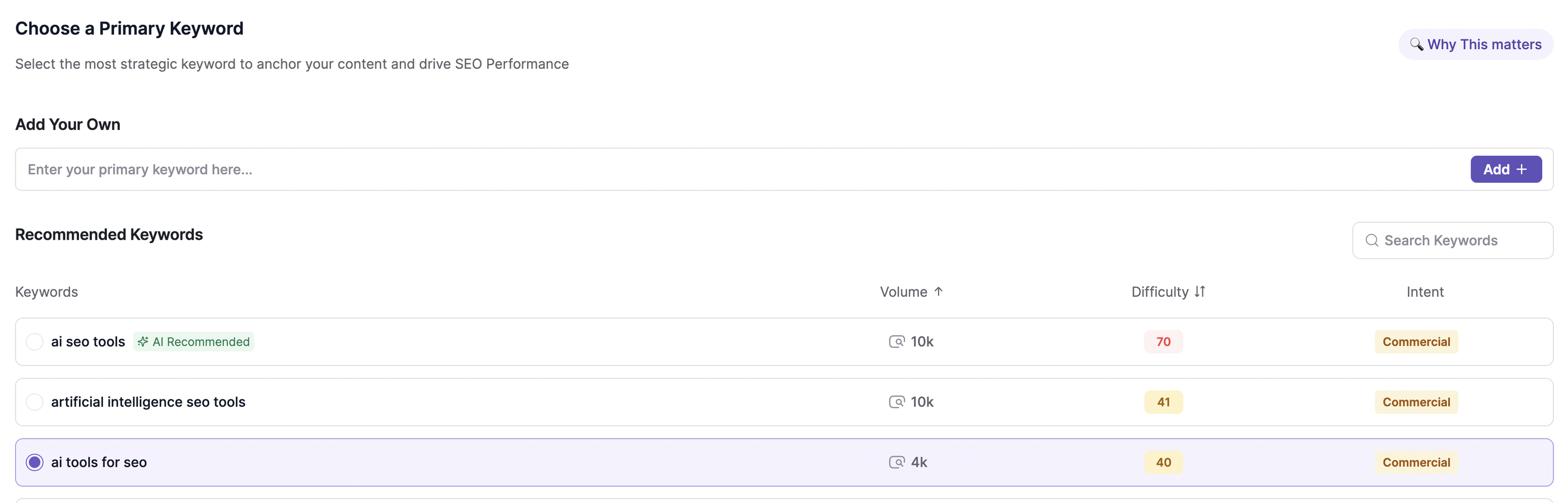 Writesonic Choose A Primary Keyword - A keyword selection interface with suggested keywords.