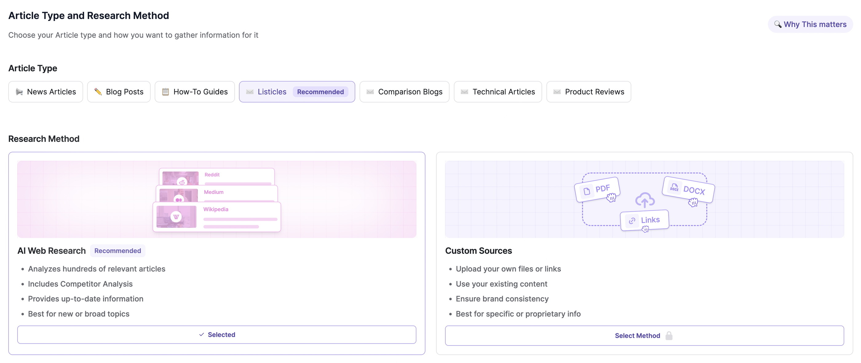 Writesonic choose article type and research method - Interface with research options selected for article creation.