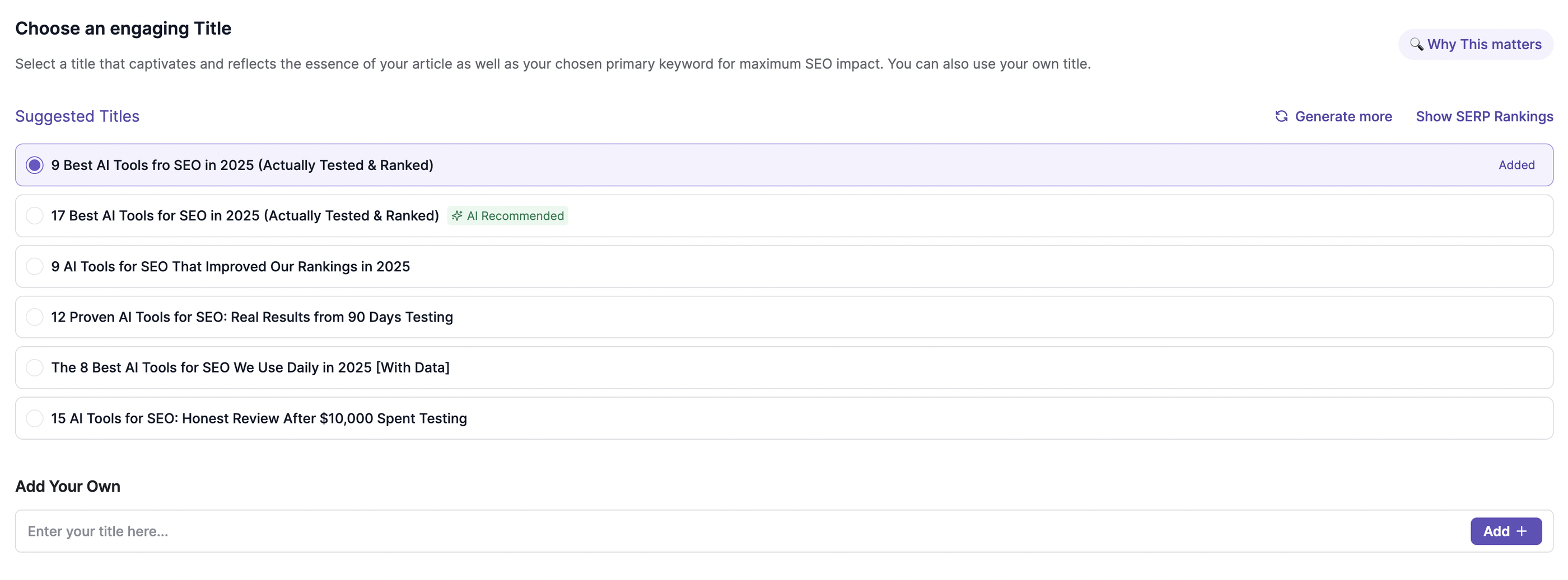 Writesonic Choose Title - Title selection interface with suggested options and input field.