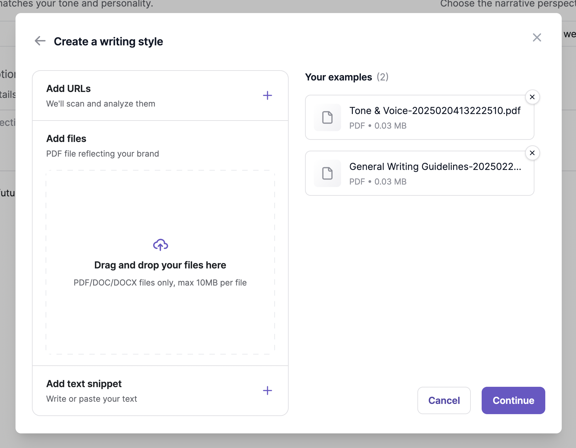 Writesonic creating a writing style - A popup with options to add URLs, files, and text snippets.