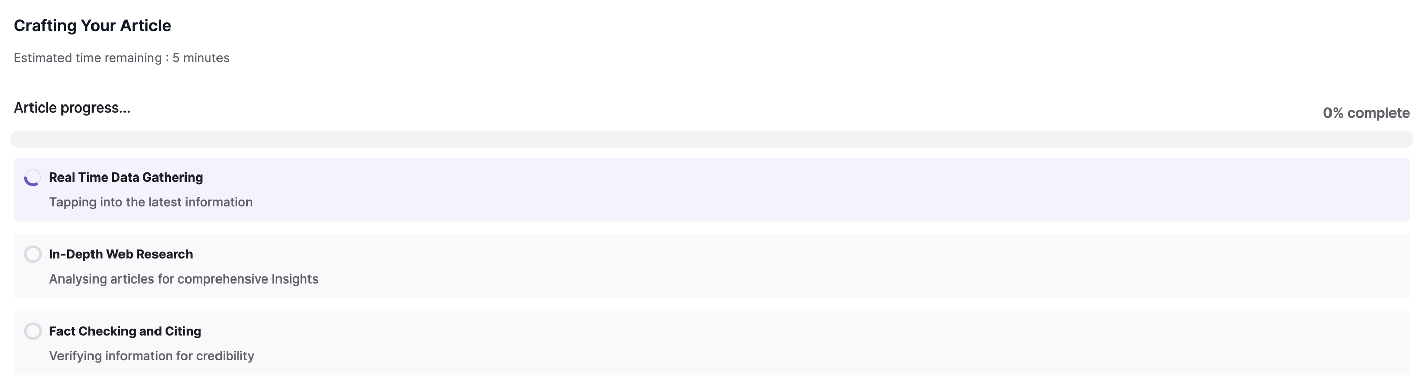 Writesonic Creating The Article - A progress screen shows an article being written.