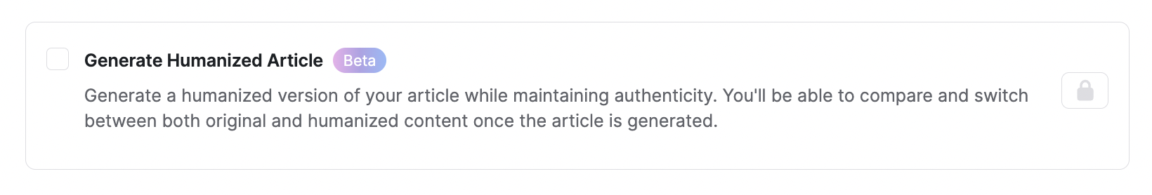 Writesonic Generate Humanized Article - A checkbox with text label 