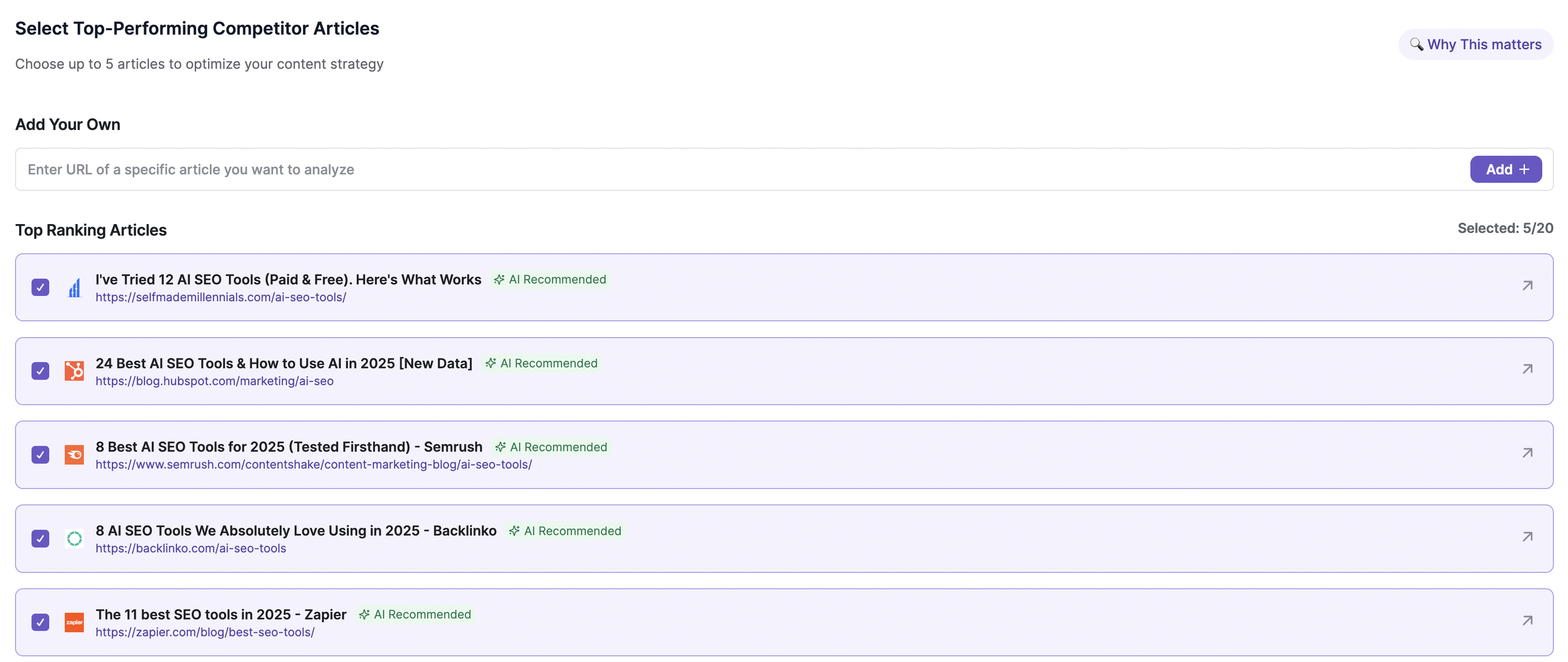 Writesonic Select Top Performing Articles - The screenshot shows a section for selecting competitor articles in a tool.