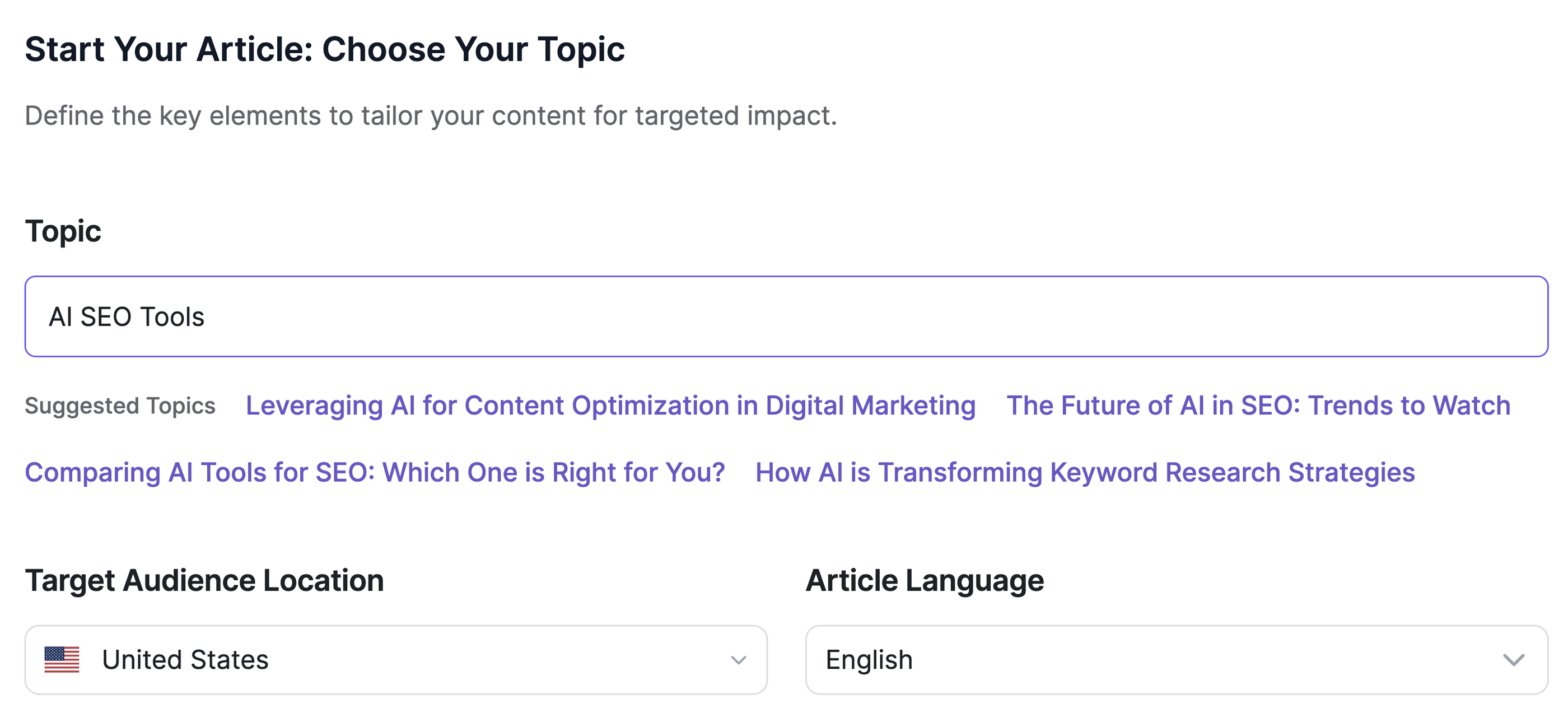 Writesonic Select Your Topic - A form to choose the topic of an article.