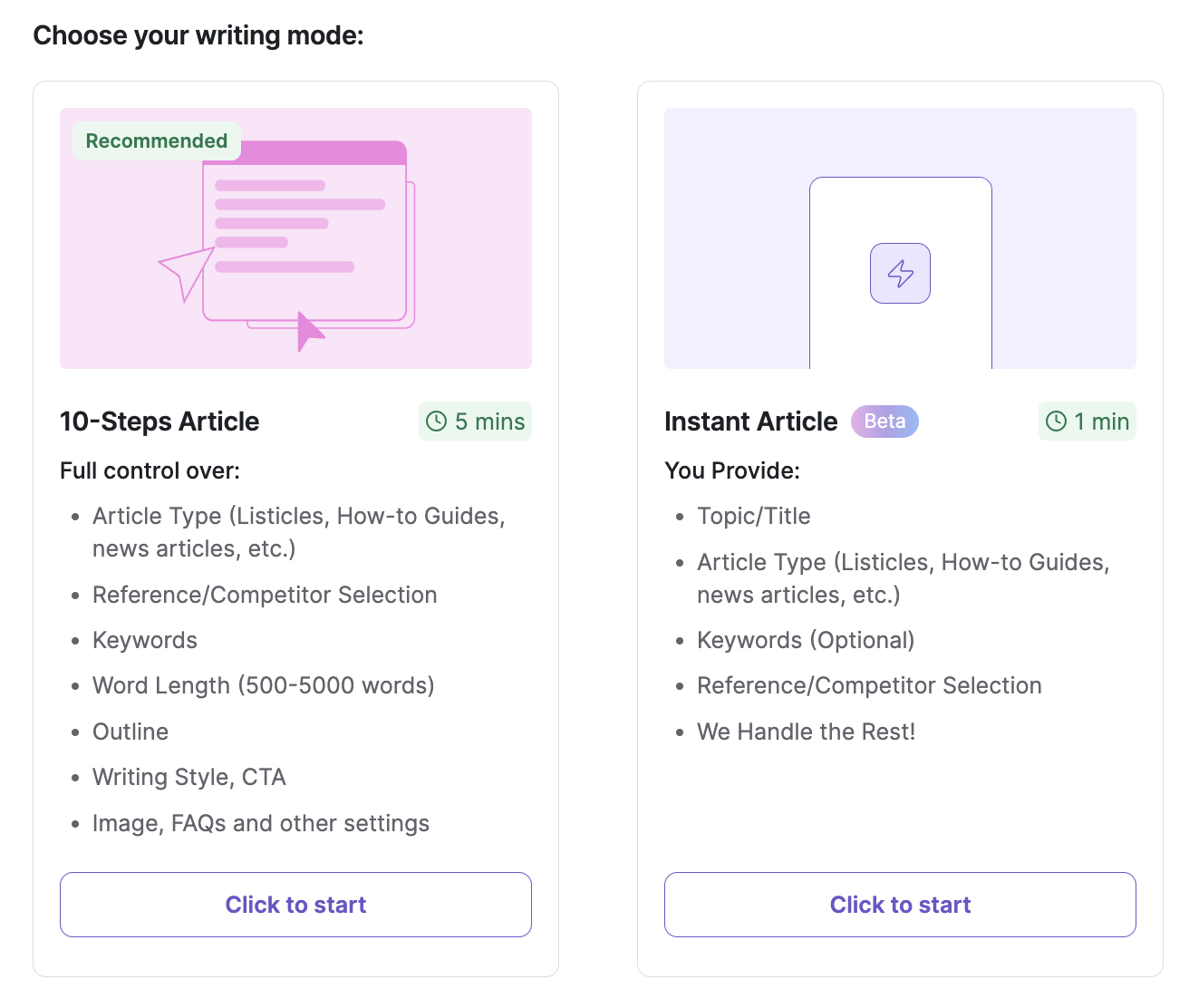 Writesonic writing mode - Two options for writing modes, one with more control.